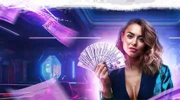 Image of a woman holding a fan of money bills, symbolizing the cashback bonus at Vulkan Platinum Web-casino.